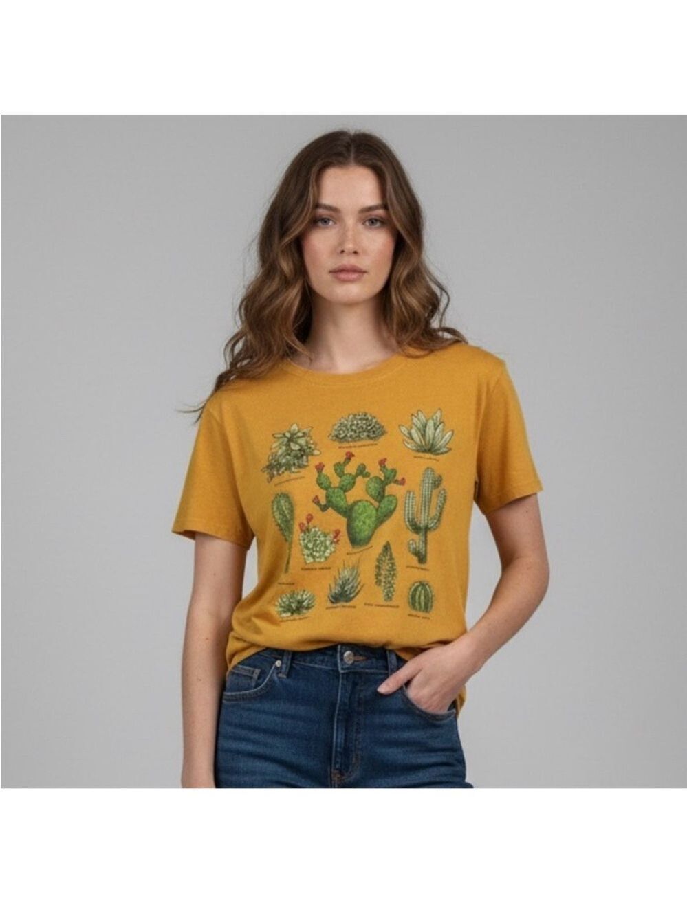 Women's Doe. Yellow Cactus Print Short Sleeve Tee Plus 2X